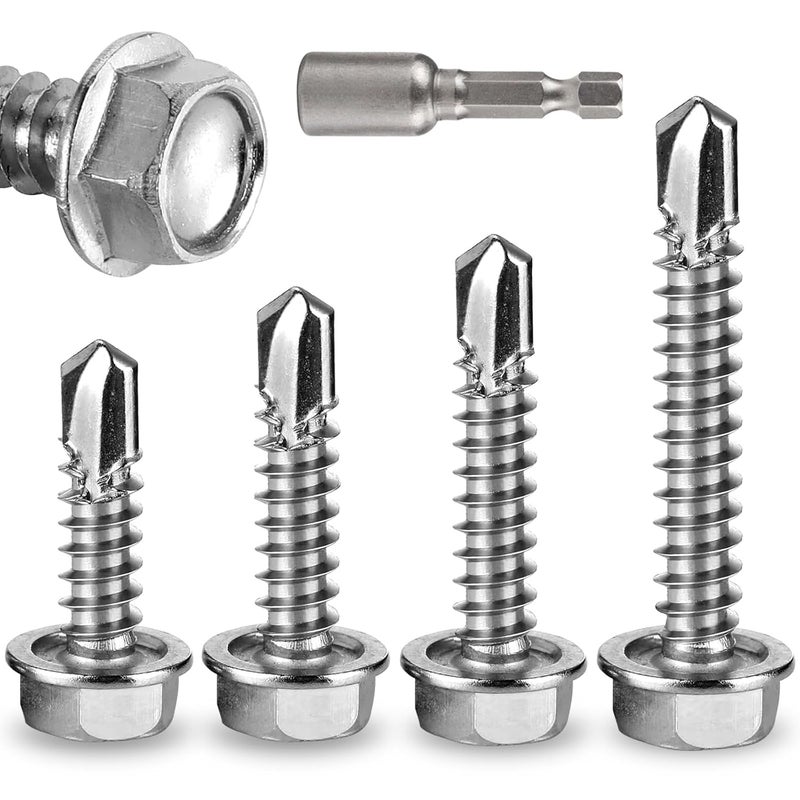 Usdrwam 150Pcs Self Tapping Screws for Metal, #8×1/2", #8×3/4", #8×1", #10×1-1/2" 410 Stainless Steel Hex Washer Head Sheet Metal Screw - Image 1